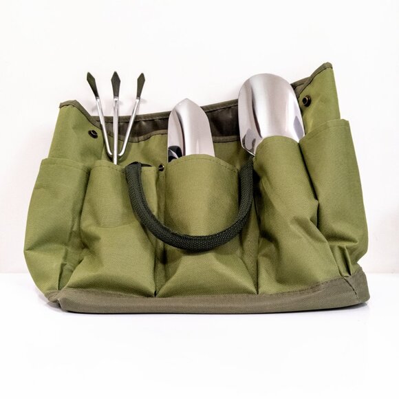 Green Canvas Gardening Tote with 3 Tools Trowel Garden Fork Outdoor Gift for Mom - Picture 1 of 5